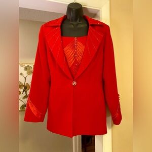 MILANO Red Beaded JEWELED Removable BIB Lined Blazer Jacket Size 8 Holiday GLAM